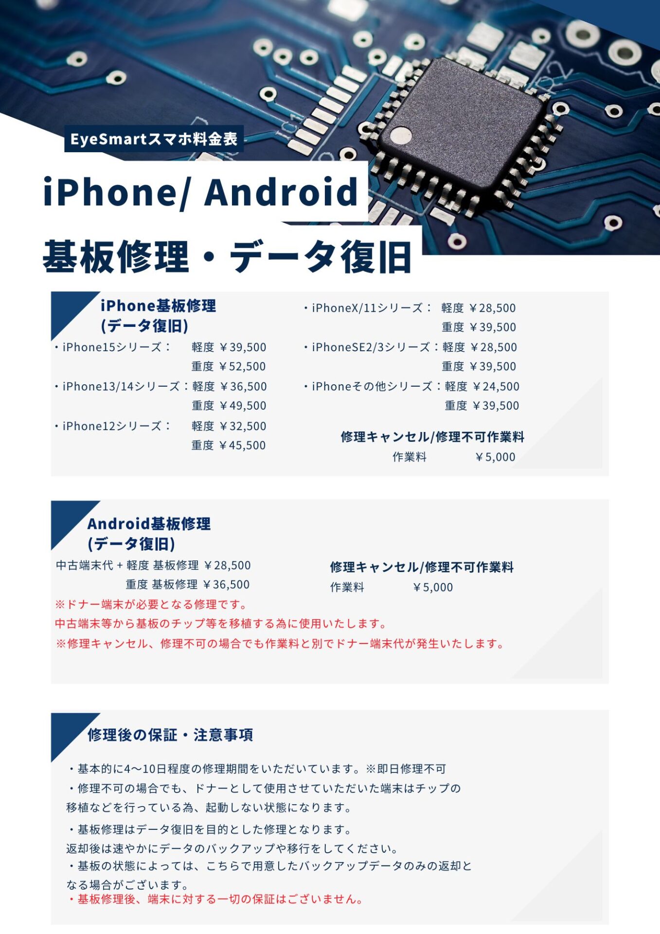 iPhone、Android基板修理金額