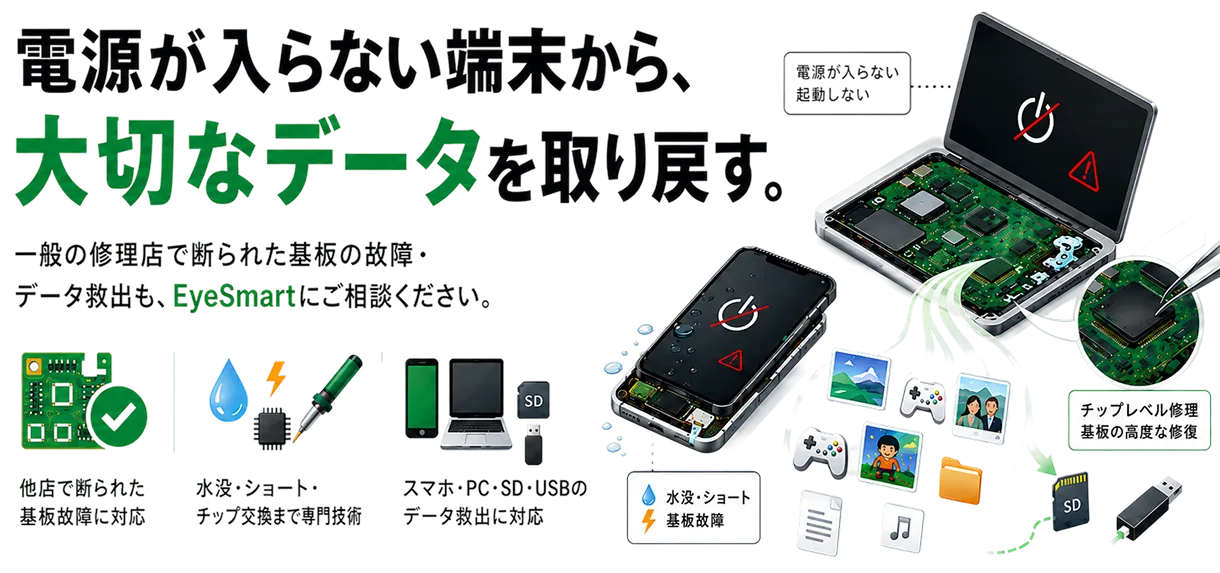 EyeSmartの基板修理・データ復旧サービス。電源が入らないスマホやPCから大切なデータを救出するイメージ。他店で断られた基板故障や水没・ショートにも高度な専門技術で対応。